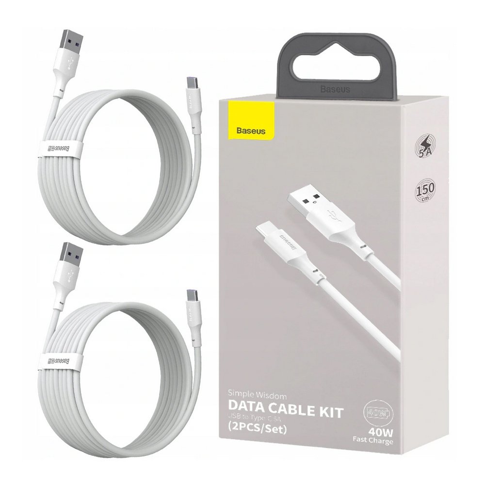 Baseus 5A 1.5m USB - Type-C Simple Wisdom Data Cable Kit - White (2PCS)