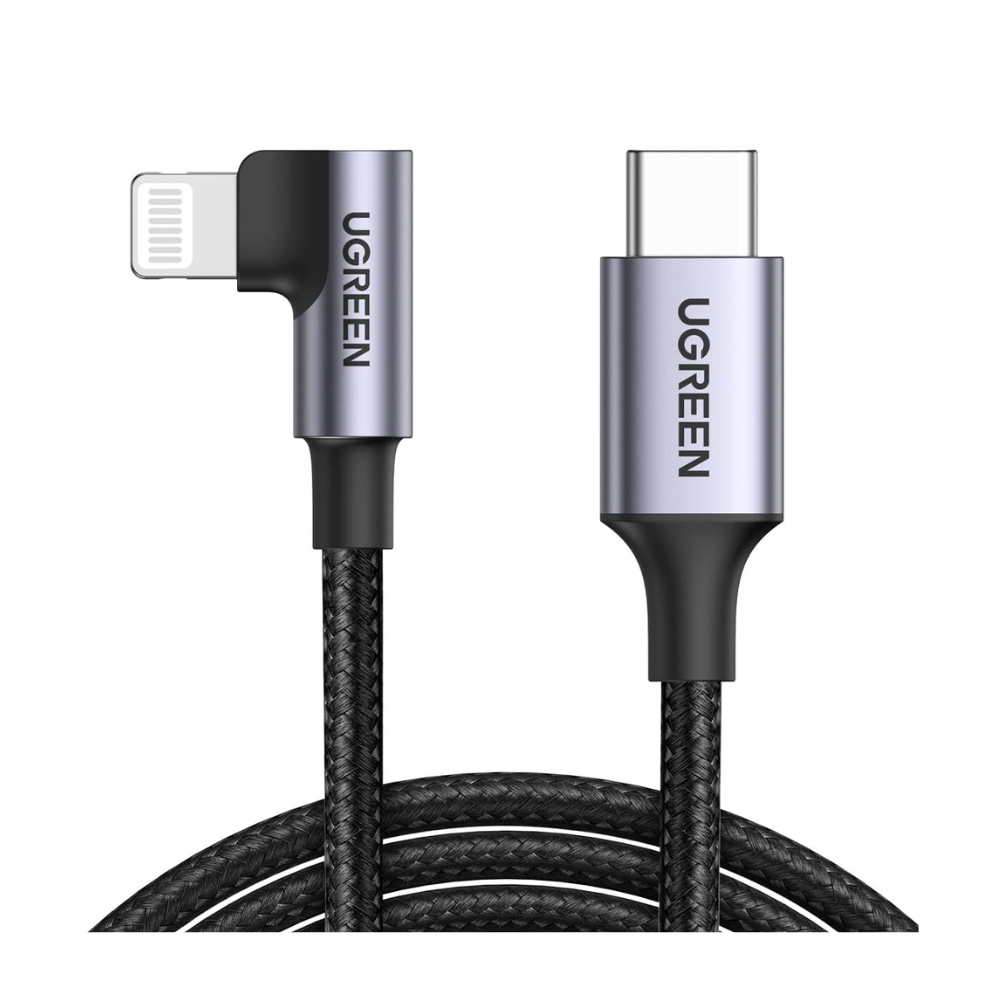 UGREEN 90 Degree 3A Type-C to Lightning PD MFI Certified Fast Charging 1 Meter Cable - Black (US305 - 60763)