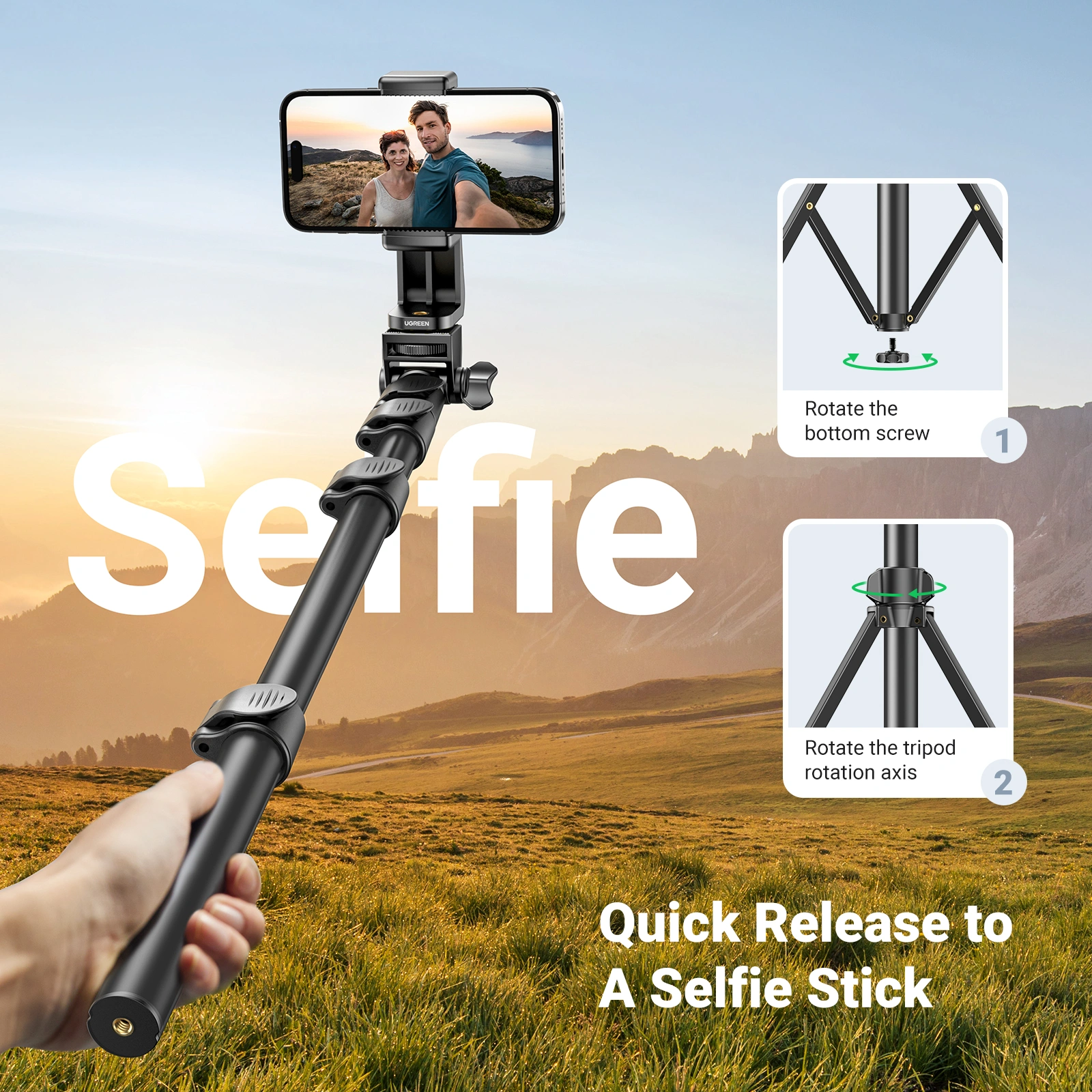 UGREEN Tripod and Selfie Stick with Bluetooth Remote - Image 3