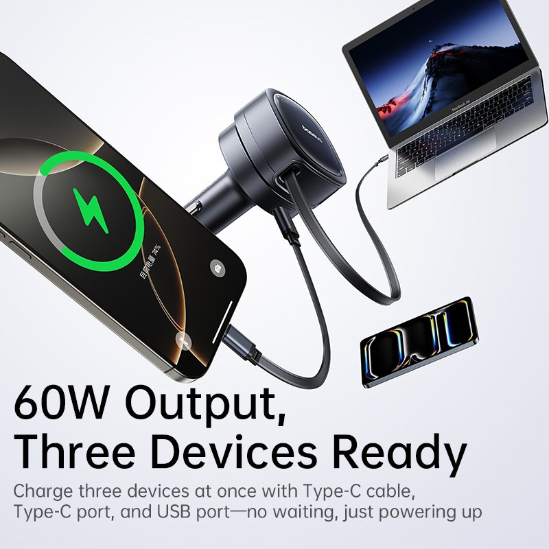 Baseus PrimeTrip VR1 60W Car Charger with 45W Retractable Cable (U+C)+Type-C - Image 2
