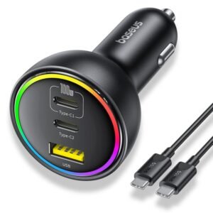 Baseus 152.5W Multi-Port Fast Charge Car Charger C + C + U Cluster Black(with 100W (20V/5A) Type-C to Type-C 1m Cable) – C00036101111-00