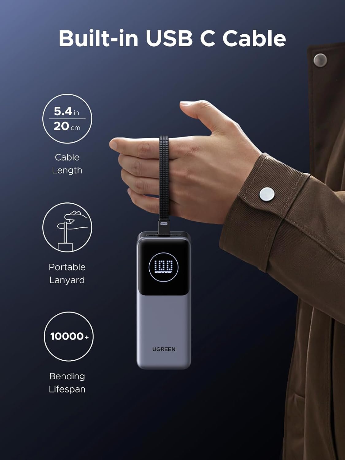 UGREEN Nexode 130W 20000mAh Power Bank with Built-in Type-C Cable - Image 2