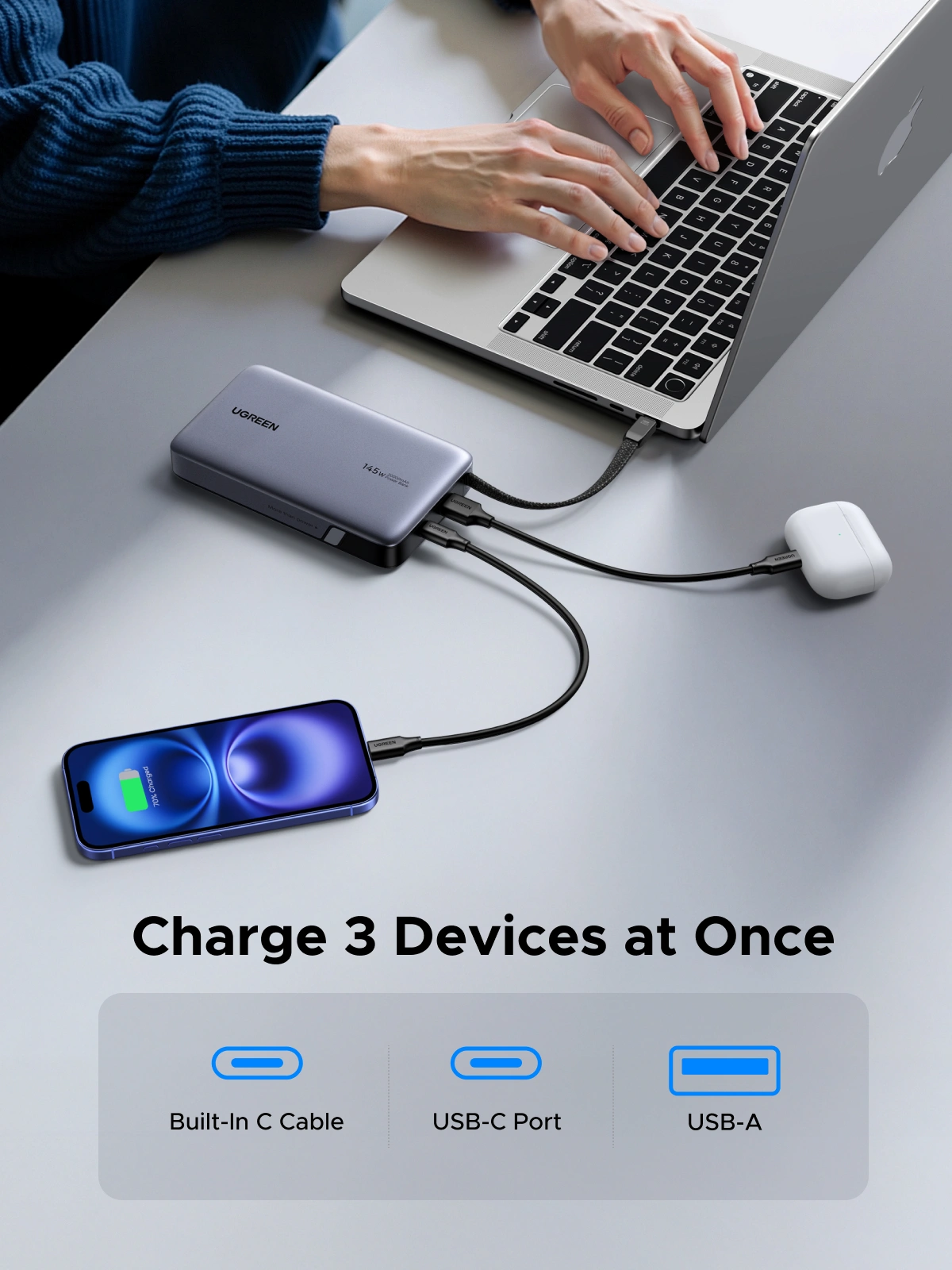 UGREEN 145W 20000mAh Power Bank with Built-in Cable - Image 9