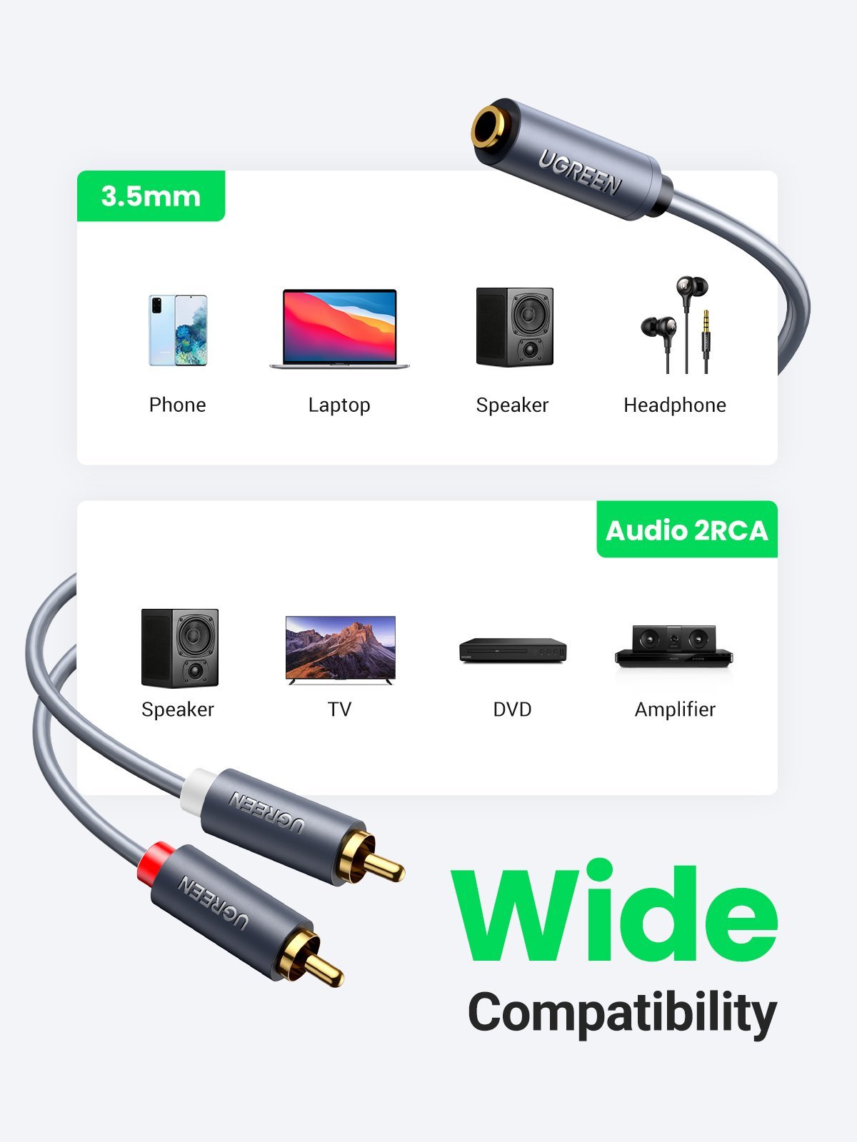 UGREEN 3.5mm Female to 2 RCA Male 1m Audio Cable - Image 6