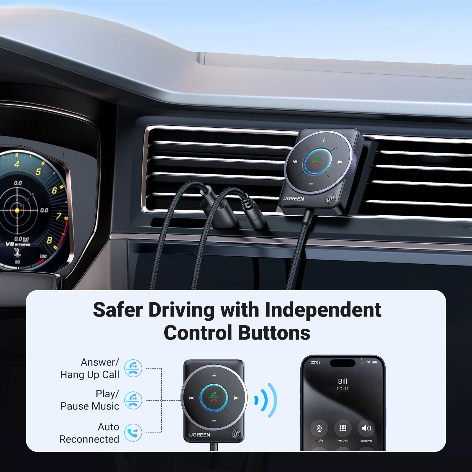UGREEN 3.5mm Bluetooth 5.4 Receiver Audio Dual Connection Adapter - Image 5