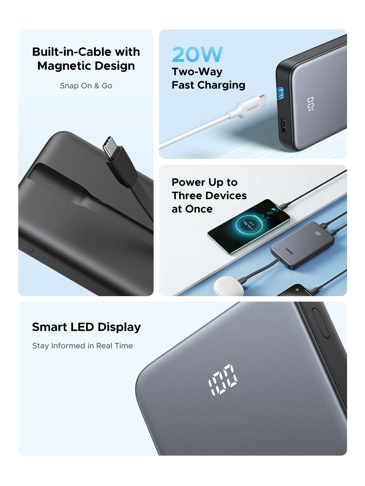 UGREEN 10000mAh 20W Power Bank with Built-in Cable - Image 10