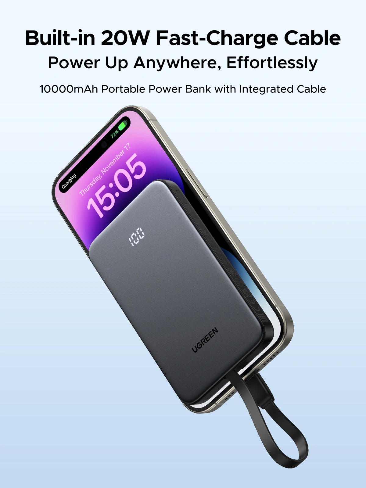 UGREEN 10000mAh 20W Power Bank with Built-in Cable - Image 11