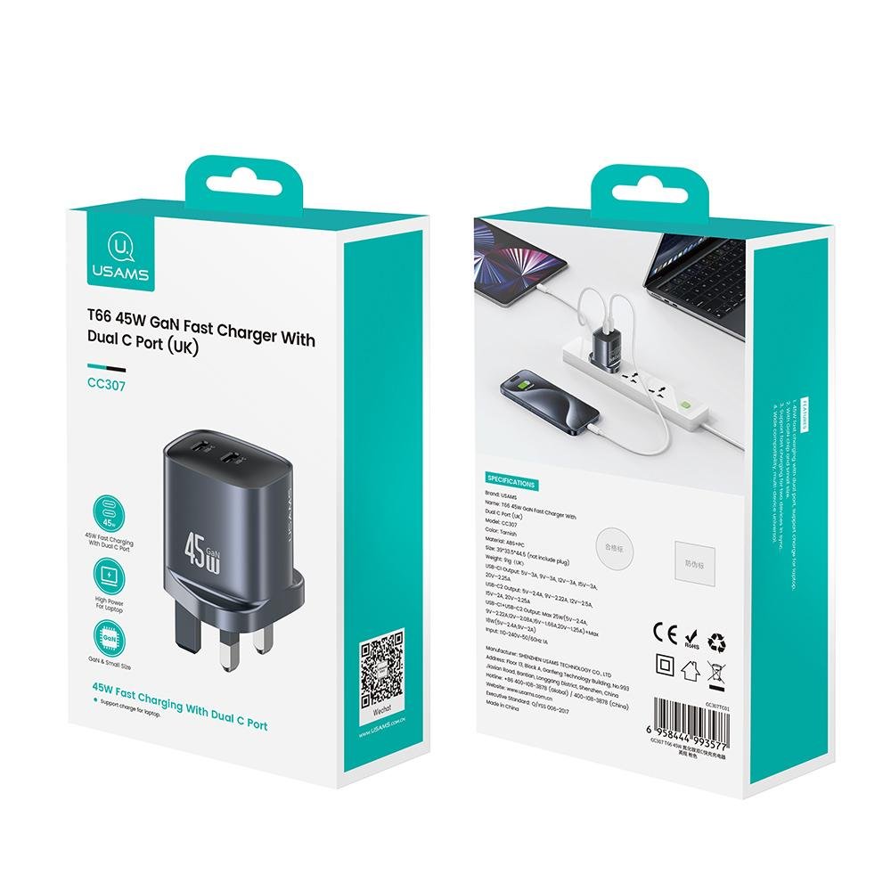 USAMS CC307 T66 45W GaN Fast Charger With Dual C Port (UK) - Image 12