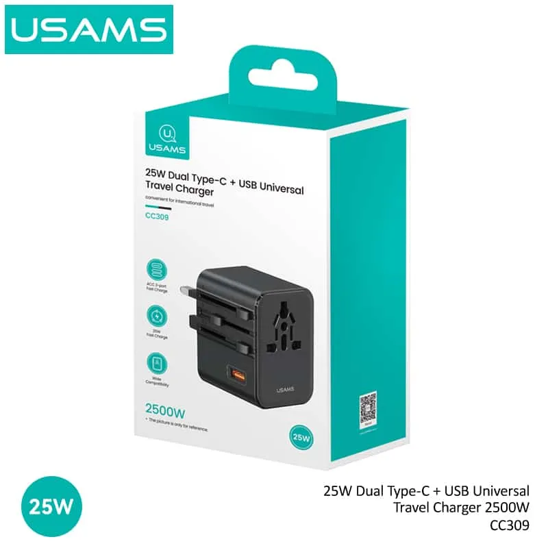 USAMS CC309 25W Dual Type-C + USB Universal Travel Charger - Image 11